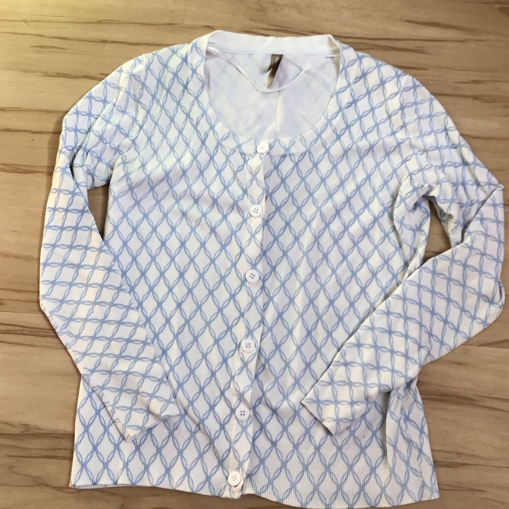 White Stag Blue & White Geometric Patterned Cardigan Sweater Coastal Grandma Med